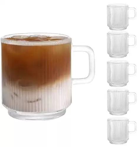 D.M DESIGN·MASTER [6 PACK, 12 OZ] - Premium Glass Coffee Mugs with Handle. Transparent Tea Glasses for Hot/Cold Beverages, Perfect Design for Americano, Cappuccino, Tea and Beverage.