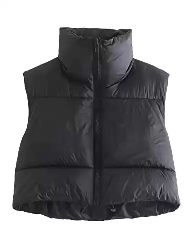 Fenclushy Women's Winter Warm Padded Crop Vest Lightweight Sleeveless Puffer Vest(Black,XS)