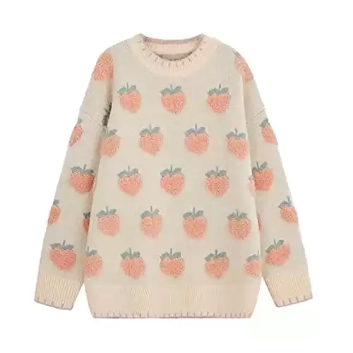 Womens Kawaii Peach Pattern Sweater Cute Long Sleeve Pullover Loose Knit Sweater Tops