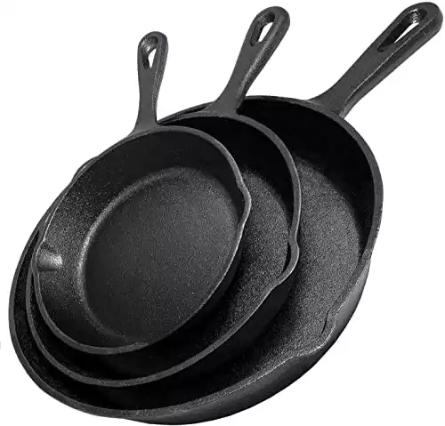 Simple Chef Cast Iron Skillet 3-Piece Set - Heavy-Duty Professional Restaurant Chef Quality Pre-Seasoned Pan Cookware Set - 10", 8", 6" Pans - For Frying, Saute, Cooking, Pizza & Mo...