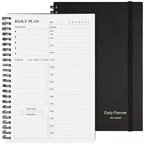Daily Planner Undated, Asten To Do List Notebook Hourly Schedules Spiral Appointment Planner for Men and Women,PVC Hardcover,Elastic Closure, Inner Pocket 8.3" x 5.8" (Black)