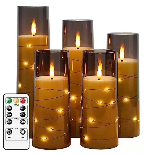 kakoya Flameless LED Candles with Timer 5 Pc Flickering Flameless Candles for Romantic Ambiance and Home Decoration Durable Acrylic Shell,with Embedded Star String Battery Operated Candles Grey