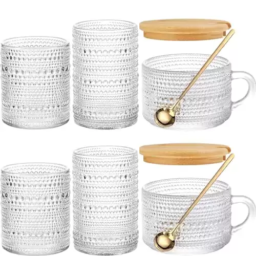 Dababell 6pcs Hobnail Drinking Glasses Set, 4pcs Beaded Glassware with 2pcs overnight oat cups, Overnight Oats Containers With Lids Glass, Vintage Water Glasses Set (Modern-lovers)