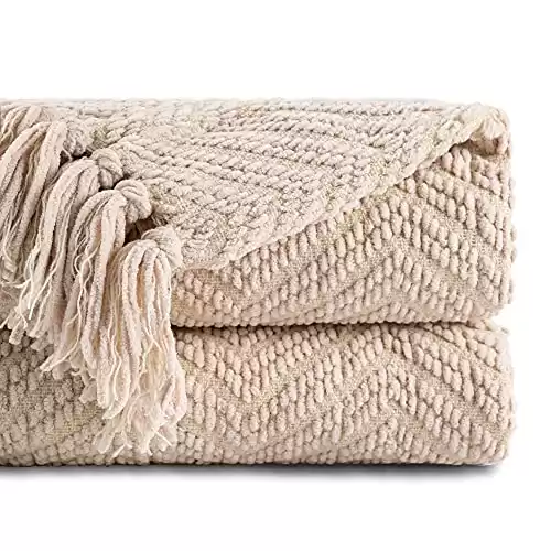 BATTILO HOME Beige Throw Blanket for Couch, Knitted Beige Blanket for Bed, Neutral Throw Blanket Warm Decorative Tan Throw Blanket for Sofa Living Room, 50 x 60