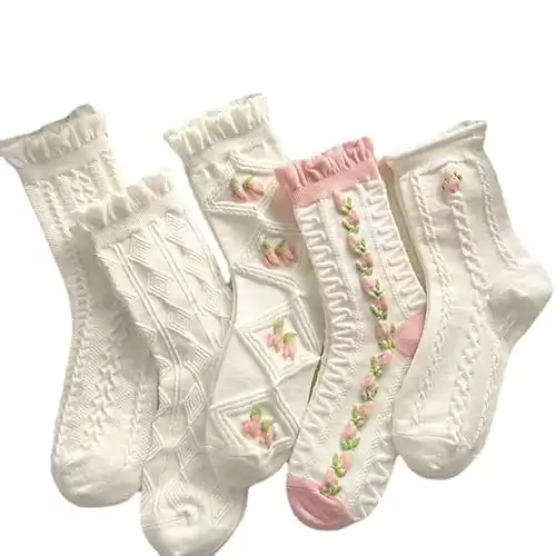 Donloise Fairycore Floral Socks 5 Pairs Embossed Crimped Socks Aesthetic Elastic Casual Socks Ruffle Ankle Socks Accessories