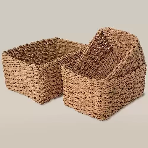 Recycled Wicker Storage Basket, Paper Rope Storage Baskets for Organizing Container Bins for Shelves Cupboards Drawer, Small Woven Basket Set of 3
