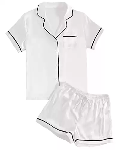 LYANER Women's Satin Silky Short Sleeve Button Shirt Sleepwear 2Piece Pajama Set White Small