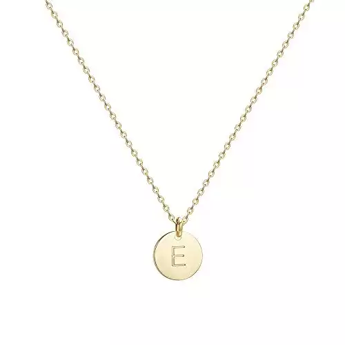 Valloey Rover Initial Necklaces for Women 14K Gold Plated Dainty Letter Necklce Round Coin Disc Pendant Double Side Engraved E Necklace Personalized Jewelry Gift for Girls