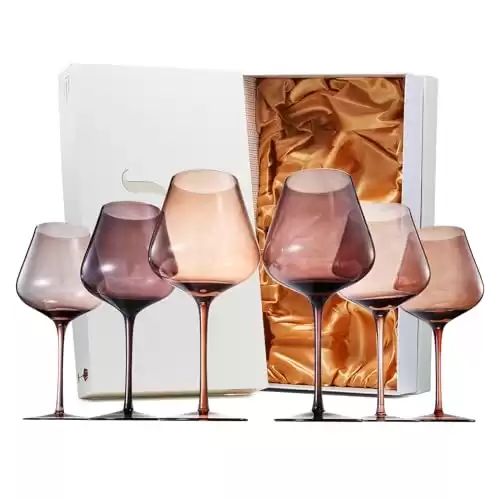 Venus Wine Glass Set, 20oz Glasses Set of 6 For All Occasions, Gift for Her, Mom, Wife, Girlfriend, Him, Special Celebrations Drinkware Unique Style Tall Stemmed Elegant Amber Colored Glassware