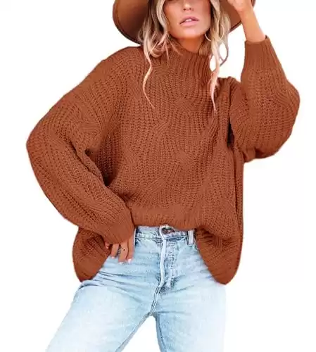 Womens Sweaters Fall 2023 Oversize Crew Neck Pullover Loose Long Sleeve Knit Jumper Top Brown M