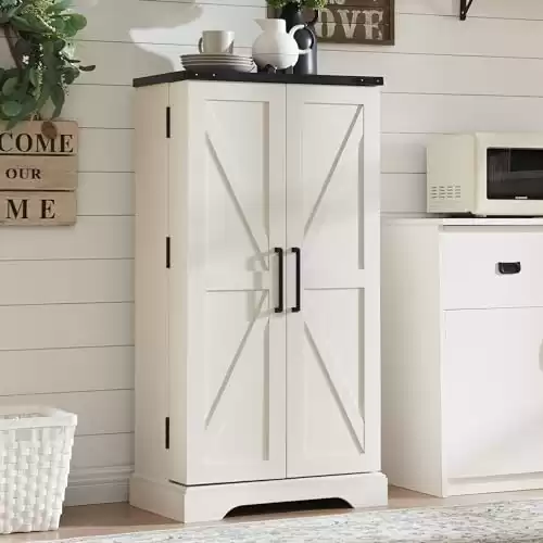 ACCOHOHO 47" Kitchen Pantry, Farmhouse Storage Cabinet with Barn Doors, Organizer and Adjustable Shelves, Rustic Wood Cupboard for Kitchen, Dining Room, Bathroom and Hallway, Off White