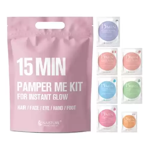 NAISTURE 15 MIN PAMPER ME KIT FOR INSTANT GLOW- Hair Mask, Face Mask, Eye Mask, Hand Mask, Foot Mask Set for Skincare & Beauty Special Home Spa Skin Care Treatment (7 Packs)