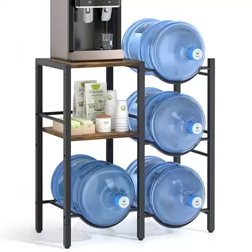 VINAEMO 5 Gallon Water Jug Holder, 4 Slot Water Jug Stand with 2-Layer Wood Storage Shelves, 5 Gal Water Bottle Holder Storage Rack with Water Dispenser Stand for Home/Office/Garage Organizer