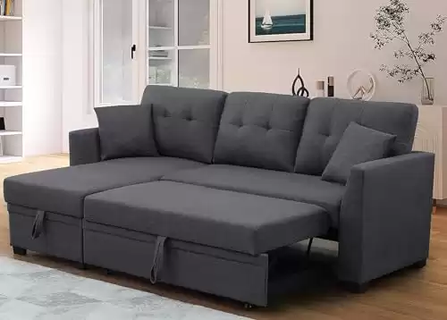 Alexent 3 Seater Sleeper Sofa with Pull Out Couch, Storage Chaise, Dark Gray, Polyester, Wooden Frame, Small Sectional for Living Room, Dorm, Apartment