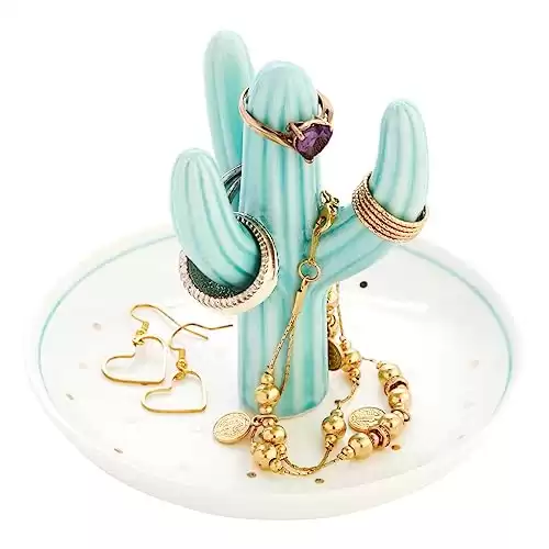 Okuna Outpost Cactus Ring Holder, Jewelry Organizer Dish for Women (Teal/White with Gold Foil Polka Dots, 5x4 in)