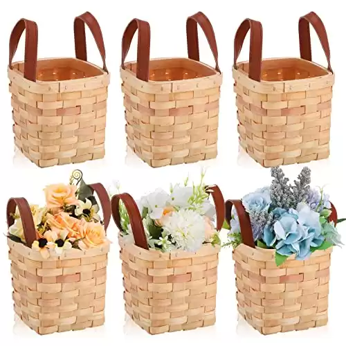 Rtteri 6 Pcs 4.5x4.5x4 In Small Wicker Baskets Woodchip Baskets with Handles Wood Woven Easter Empty Wicker Baskets for Gifts Small Square Basket Storage Organizing Pantry Party Container(Yellow)