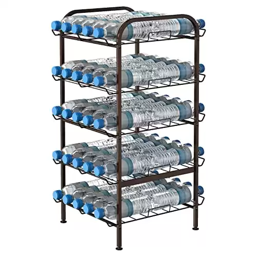 smusei 5 Tier Water Bottle Organizer Vertical Free Standing Storage Shelf Metal Beverage Rack Dispenser Large Capacity Bottled Water Holder Stand for Kitchen Party Pantry, Bronze
