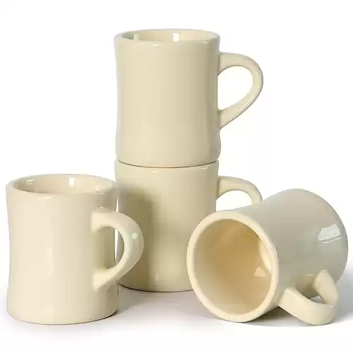 Retro Coffee Cup Set of 4, 10 OZ Heavy Classic Ceramic Diner Mugs Set with Handle for Coffee, Tea, Cocoa, Milk, Latte Cream