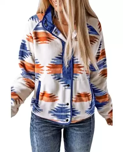 SELINK Womens Fleece Jacket Western Aztec Print Long Sleeve Snap Button Down Shacket Jackets with Pockets Royal Blue-L