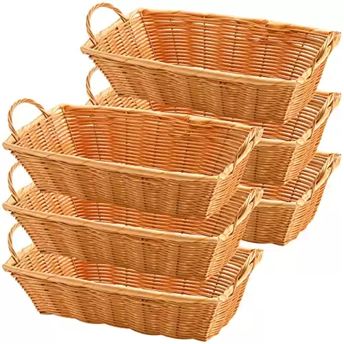 Yesland 6 Pcs Poly Wicker Bread Basket with Handle, 14 Inch Rectangular Imitation Rattan Fruit Storage Baskets - Stackable Empty Gift Basket for Vegetables, Food Serving, Display, Outdoor, Orange