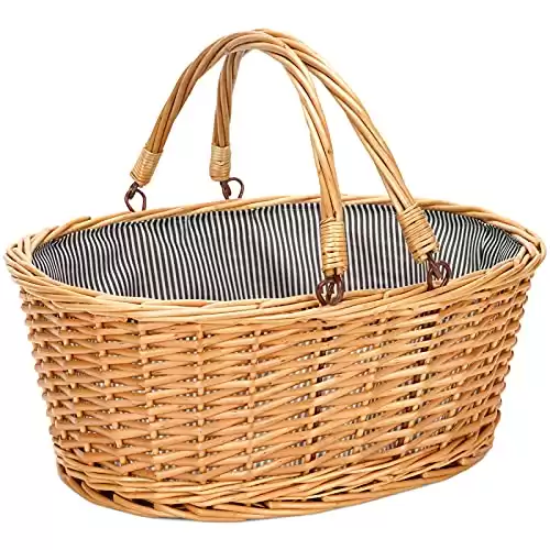 Wicker Picnic Basket with Double Folding Handles, Natural Large Willow Hamper Empty Basket Cheap Easter Eggs Candy Storage Wine Basket for Toy, Flower, Wedding Gifts（Grey 16inch）