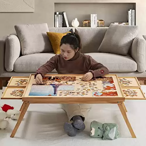 TEAKMAMA 1500 Piece Wooden Jigsaw Folding Puzzle Board, Puzzle Table with Legs and Protective Cover, 34 X 26.3 Jigsaw Puzzle Board with 4 Drawers & Cover, Portable Puzzle Tables for Adults - Natur...