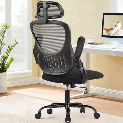 Sweetcrispy Office Computer Desk Chair, Ergonomic High-Back Mesh Rolling Work Chairs with Wheels and Adjustable Headrests, Comfortable Lumbar Support, Comfy Flip-up Arms for Home, Bedroom, Study,Black