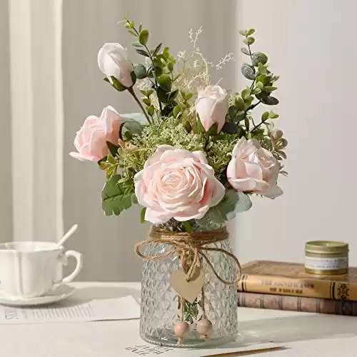 YJ Fake Flowers with Vase, Artificial Flowers Silk Roses Flower Bouquet in Vase, Faux Flower Arrangements,Farmhouse Table Decor,Table Decorations for Living Room,Coffee Table Decor(Pink)