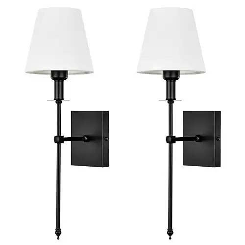 Pauwer Slim Wall Sconce Set of 2 White Fabric Shades Wall Sconce Hardwired Indoor Wall Light Column Stand Bedroom Wall Lamps Bathroom Vanity Light Fixture, Black