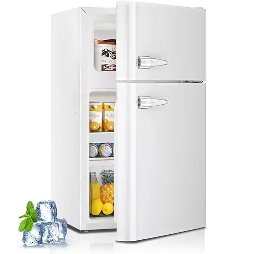 Kismile Mini fridge with freezer,3.2 Cu.Ft Compact Mini Refrigerator with Double 2 door,Adjustable Temperature,Full Size for Home,Kitchen,Dorm,Apartment,Retro White