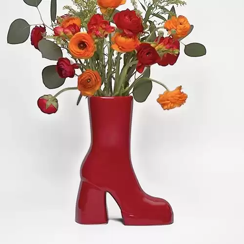 Red Boot Vase, Maximalist Decor Ceramic Flower Vase, Modern Red Home Decor for Office, Bedroom & Living Room, Aesthetic Room Decor for Desk, Shelf, Table, Bar & Vanity