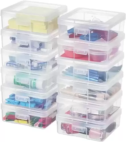 Party Club of America 12 Pack Small Clear Plastic Storage Boxes with Lids, Craft Jewelry Life Item Organizer for Puzzles, Pens, Rings, Needle and Thread, Nail Polish, Remote Controls