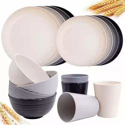 Rubtlamp 16Pcs Wheat Straw Dinnerware Set, Microwave Plates,Reusable Plastic Dishes Set of 4,Unbreakable Plates and Bowls sets Include Dinner Plate,Dessert Plate,Cereal Bowls,Cups for Mother's Da...