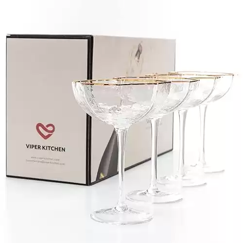 Champagne Coupe Glasses Set of 4 - Cocktail Glassware with Art Deco Gold Rim for Vintage Martini, Manhattan, or Daiquiri - Speakeasy Style Glass 5 oz