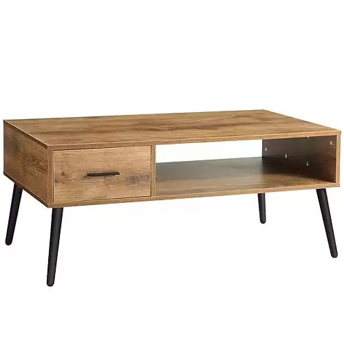 HAIOOU Coffee Table, Mid Century Modern Style Cocktail Table TV Stand with Drawer, Open Storage Shelf, Stable Floor-Anti-Scratching Pine Leg for Home, Office, Living Room