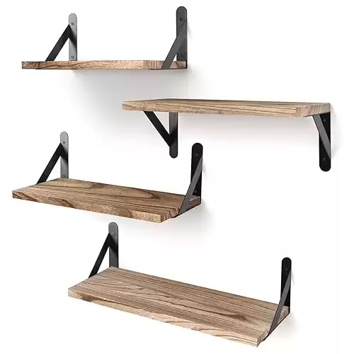 YGEOMER Floating Shelves, Rustic Wood Shelves, 4 Sets of Wall Mounted Shelf for Bathroom Decor, Bedroom, Living Room and Plants (Carbonized Black)