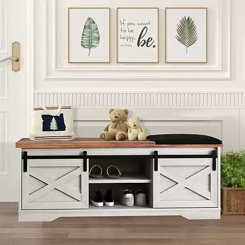 SAINTCY Modern White Entryway Bench with Shoe Storage, Farmhouse Shoe Bench with Cushion and Hidden Shoe Storage Compartment