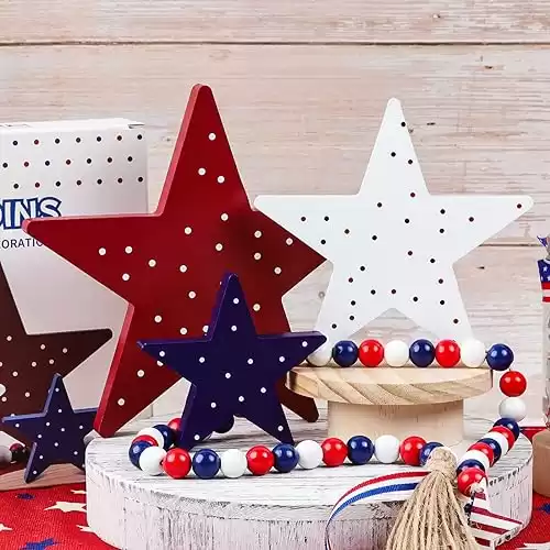 4th of July Decorations-Tiered Tray and Home Decor-3 Patriotic Wooden Stars Signs-Farmhouse Rustic Decor Items for Home Table Memorial Day Independence Labor Red White Blue