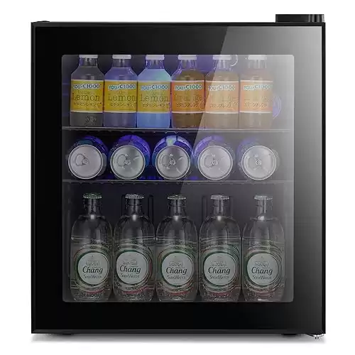 Antarctic Star Mini Fridge Cooler - 70 Can Beverage Refrigerator Black Glass Door for Beer Soda or Wine Small Drink Dispenser Machine Clear Front Removable for Home, Office or Bar, 1.6cu.ft., Black