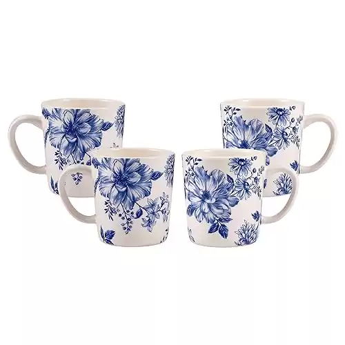 Bico Blue Floral Haven Haven Ceramic Mugs, Set of 4, for Coffee, Tea, Drinks, Microwave & Dishwasher Safe