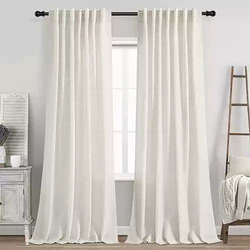 Cream Linen Back Tab Curtains 84 Inch Length for Living Room 2 Panel Set Neutral Modern Farmhouse Window Privacy Semi Sheer Linen Drapes Rustic Pinch Pleated Look Curtain Natural Ivory Colored