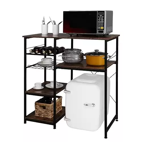 VINGLI Bakers Racks for Kitchens with Storage Mini Fridge Stand Bar Cabinet with Mini Fridge Space, Big Drawer, Wine Rack, Metal Frame Industrial Workstation Microwave Oven Stand 4-Tiers