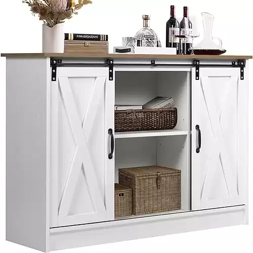 4ever2buy Farmhouse Coffee Bar Cabinet, 42 Kitchen Buffet Cabinet with Storage, White Buffet Cabinet with Sliding Barn Door, Coffee Bar Table with Adjustable Shelf for Living Dining Room