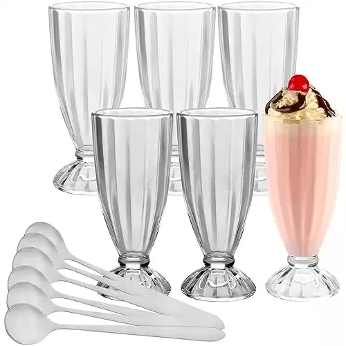 PARNOO Milkshake Glasses - American Retro Style Ice Cream Sundae Glasses with 6 Stainless Steel Spoons for Parties & Events - Perfect for Fruit Salads, Root Beer, Soda, & Floats - 6 Pack, 12 o...