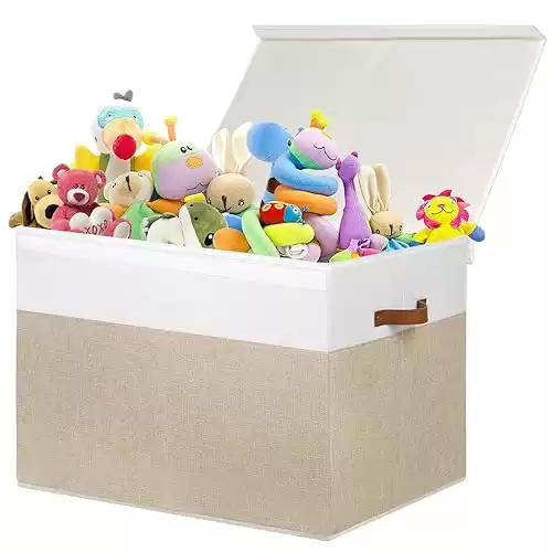 Large Toy Storage Box with Lid, Sturdy Toys Storage Chest Bin Organizer Basket with Dividers for Kids, Boys, Girls, Nursery, Closet, Bedroom, Playroom 26"x17" x17" (Beige and White)