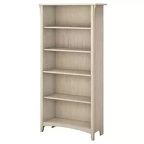 Bush Furniture Salinas Tall 5 Shelf Bookcase in Antique White | Distressed Style Book Case | Bookshelf for Bedroom, Living Room & Pantry | Tall Bookcase | Book Shelf for Bedroom