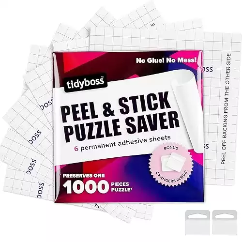 Jigsaw Puzzle Glue Sheets Thick, No Mess Puzzle Saver Sheets Preserve 1,000 Piece Puzzles up to 24 x 30 Inches Our Puzzle Sticker Sheets Also Come with 2 Adhesive Wall Hangers 6 Pack