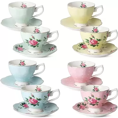 BTaT- Floral Tea Cups and Saucers, Set of 8 (8 oz), Multi-Color with Gold Trim and Gift Box, Coffee Cups, Floral Tea Cup Set, British Tea Cups, Porcelain Tea Set, Tea Sets for Women, Latte Cups