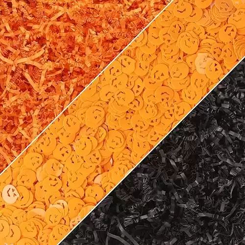 LOMIMOS 450g/1LB Halloween Raffia Paper, Black Orange Shred with Pumpkin Confetti Sprinkle for Gift Wrapping Craft DIY Packaging Filling Party Decoration