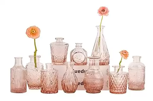 Amber Glass Bud Vase Set of 10 - Mini Vintage Vases for Wedding Decorations, Home Table Flower Décor, Small Carved Vases for Centerpieces, Entryways